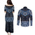 New Zealand Aotearoa Couples Matching Puletasi and Long Sleeve Button Shirt Blue Taniko Art Maori Pattern