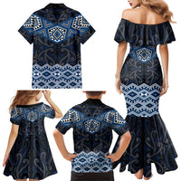 New Zealand Aotearoa Family Matching Mermaid Dress and Hawaiian Shirt Blue Taniko Art Maori Pattern