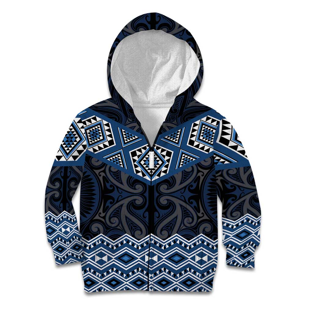 New Zealand Aotearoa Kid Hoodie Blue Taniko Art Maori Pattern