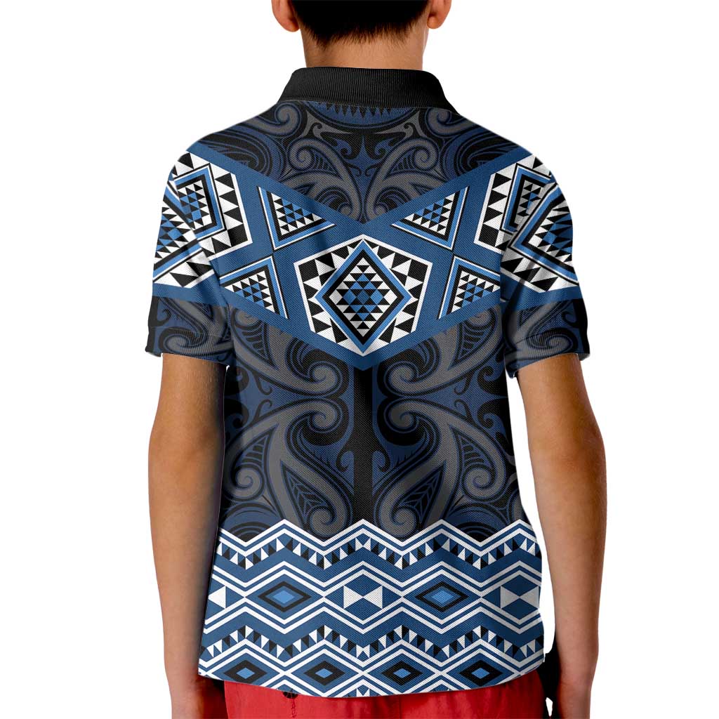 New Zealand Aotearoa Kid Polo Shirt Blue Taniko Art Maori Pattern