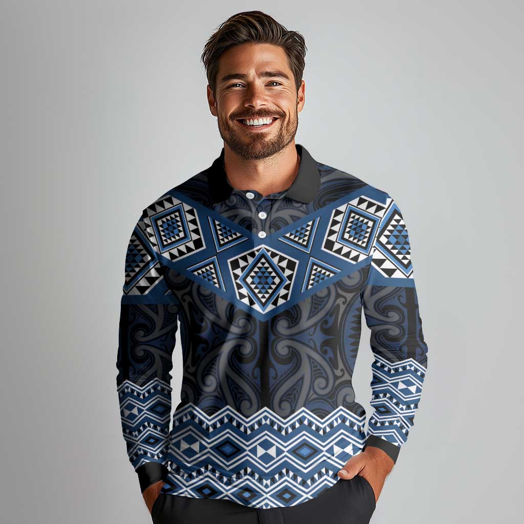 New Zealand Aotearoa Long Sleeve Polo Shirt Blue Taniko Art Maori Pattern