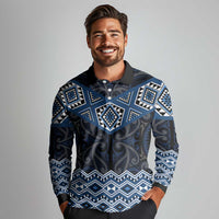New Zealand Aotearoa Long Sleeve Polo Shirt Blue Taniko Art Maori Pattern