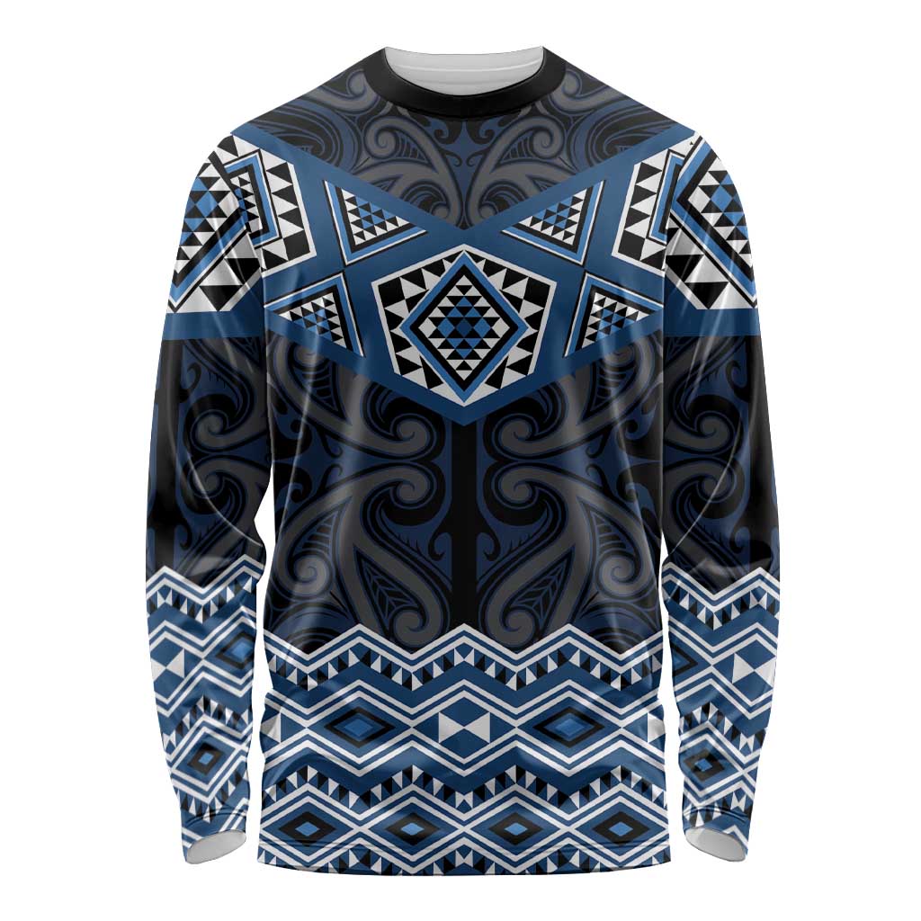 New Zealand Aotearoa Long Sleeve Shirt Blue Taniko Art Maori Pattern