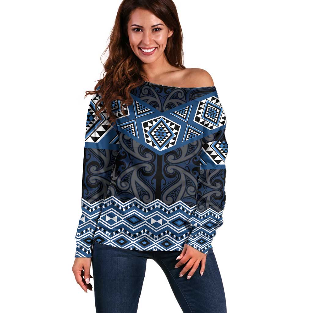 New Zealand Aotearoa Off Shoulder Sweater Blue Taniko Art Maori Pattern LT05 Women Blue - Polynesian Pride