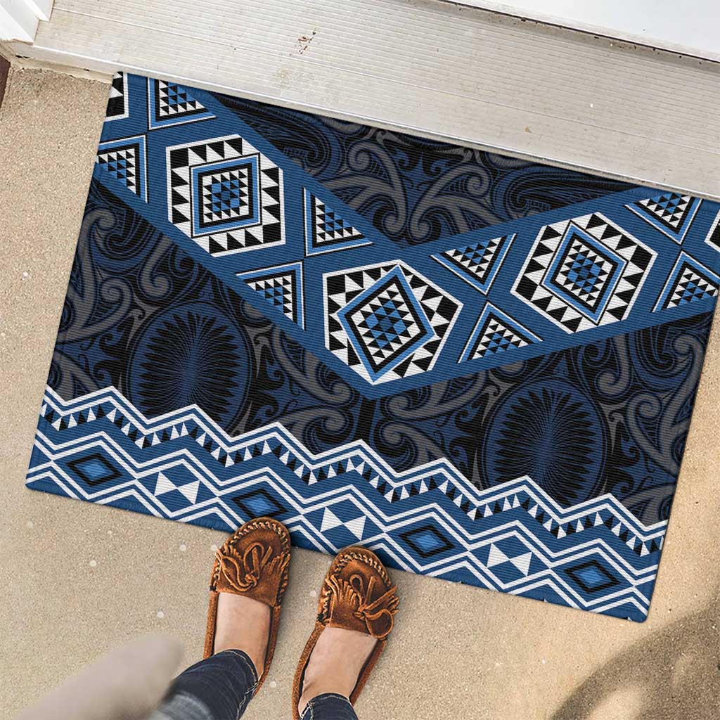 New Zealand Aotearoa Rubber Doormat Blue Taniko Art Maori Pattern