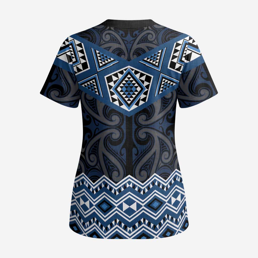 New Zealand Aotearoa Scrub Top Blue Taniko Art Maori Pattern - Polynesian Pride