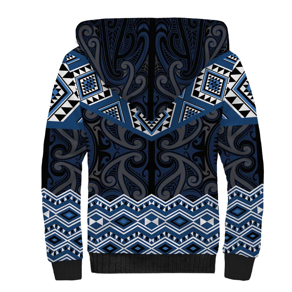 New Zealand Aotearoa Sherpa Hoodie Blue Taniko Art Maori Pattern
