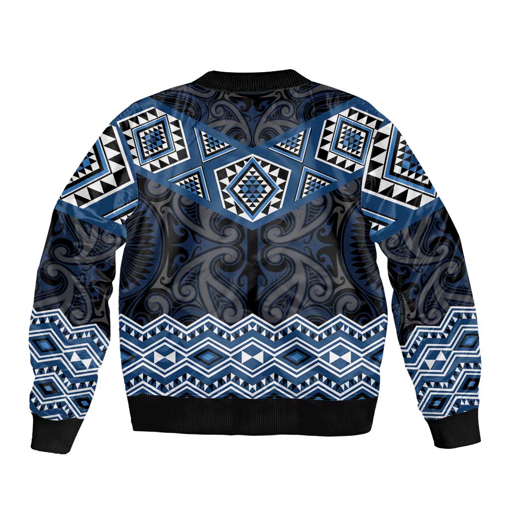 New Zealand Aotearoa Sleeve Zip Bomber Jacket Blue Taniko Art Maori Pattern
