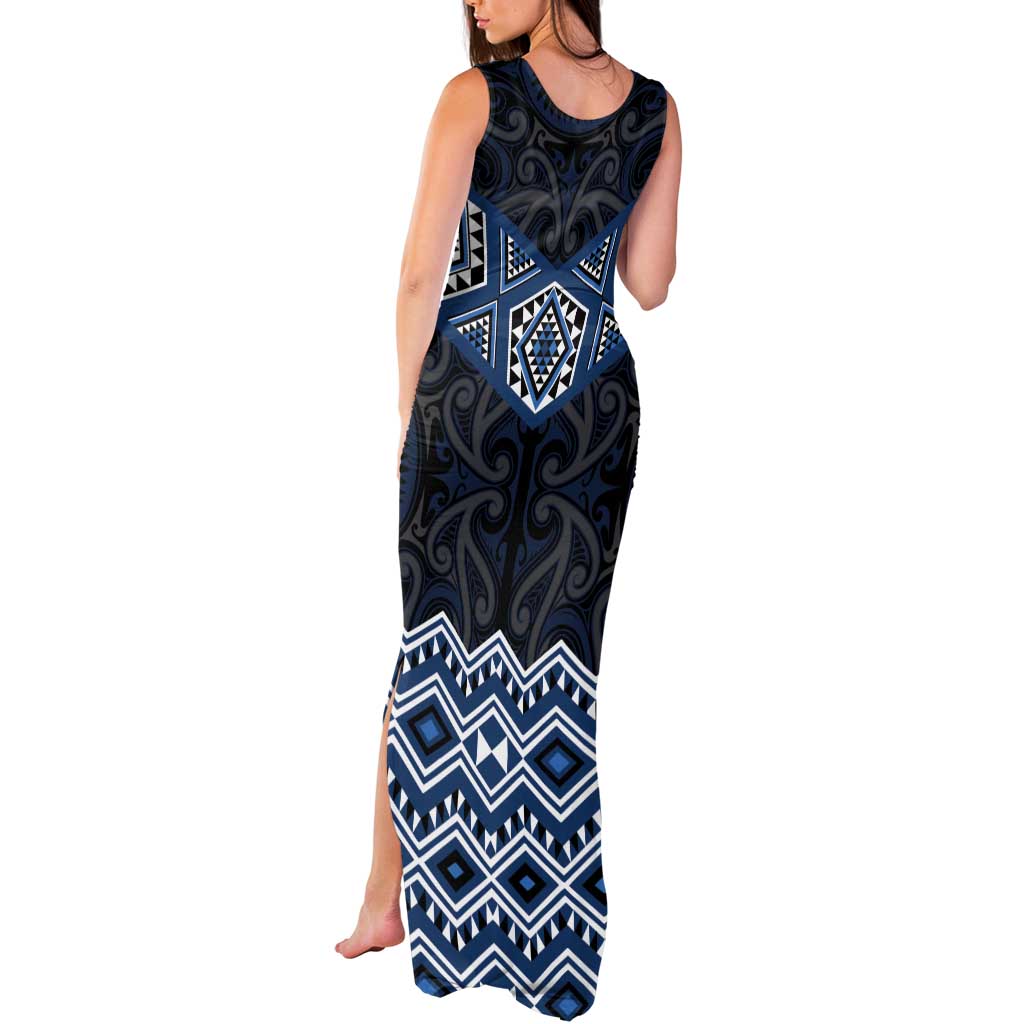 New Zealand Aotearoa Tank Maxi Dress Blue Taniko Art Maori Pattern