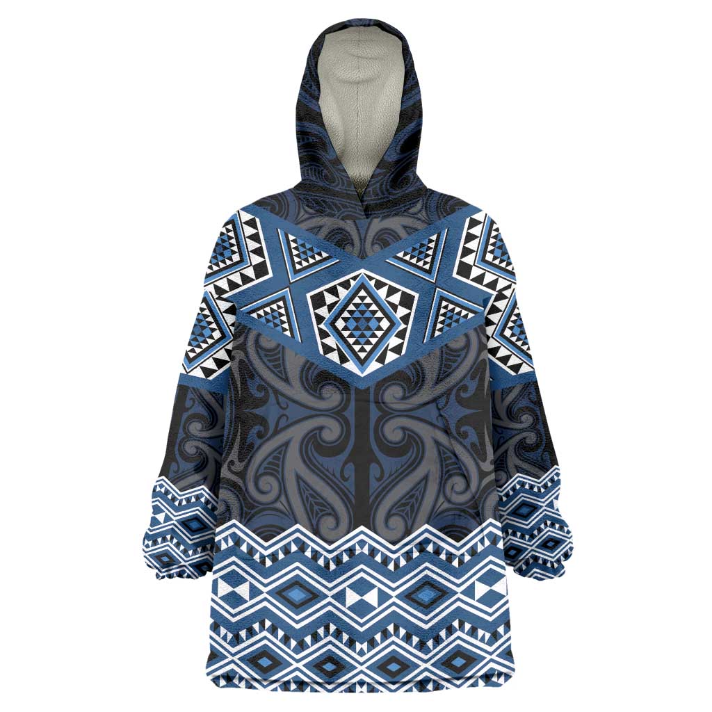 New Zealand Aotearoa Wearable Blanket Hoodie Blue Taniko Art Maori Pattern LT05 One Size Blue - Polynesian Pride