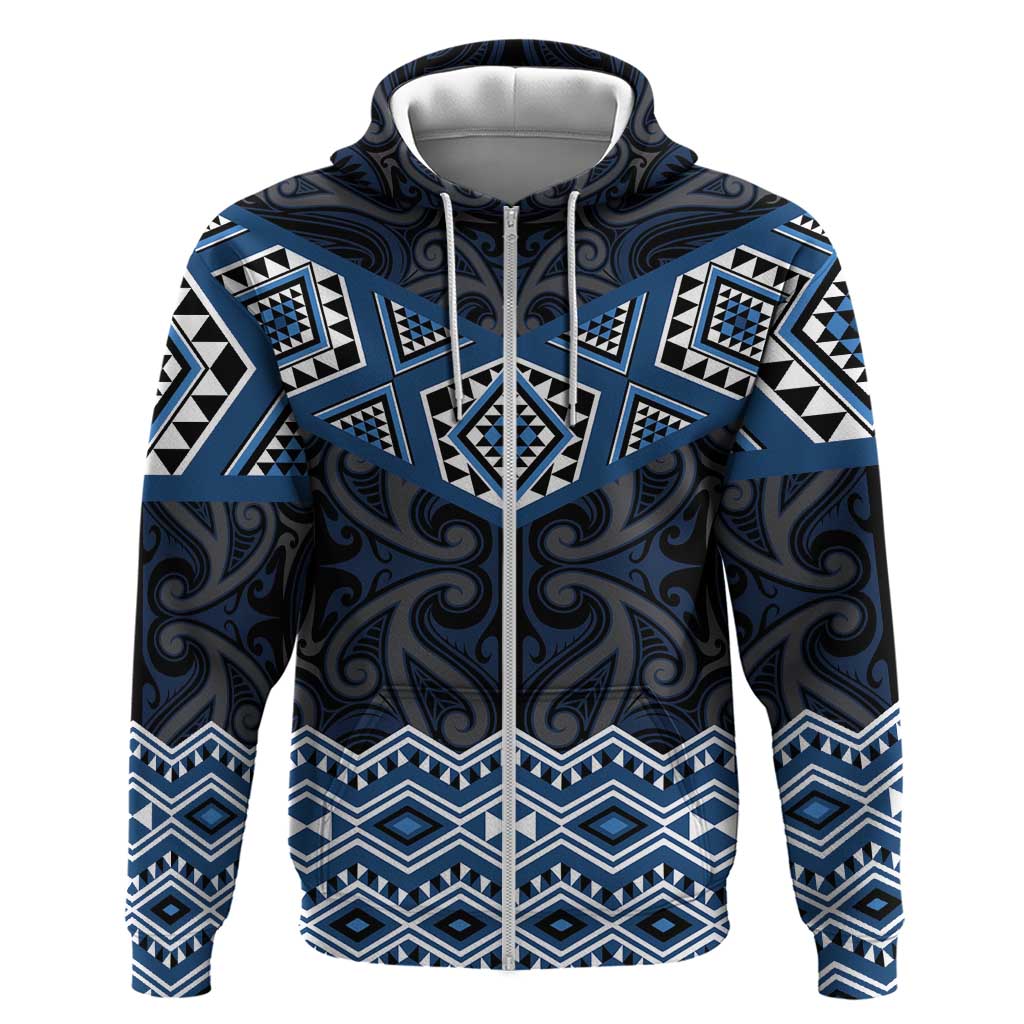 New Zealand Aotearoa Zip Hoodie Blue Taniko Art Maori Pattern LT05 Zip Hoodie Blue - Polynesian Pride