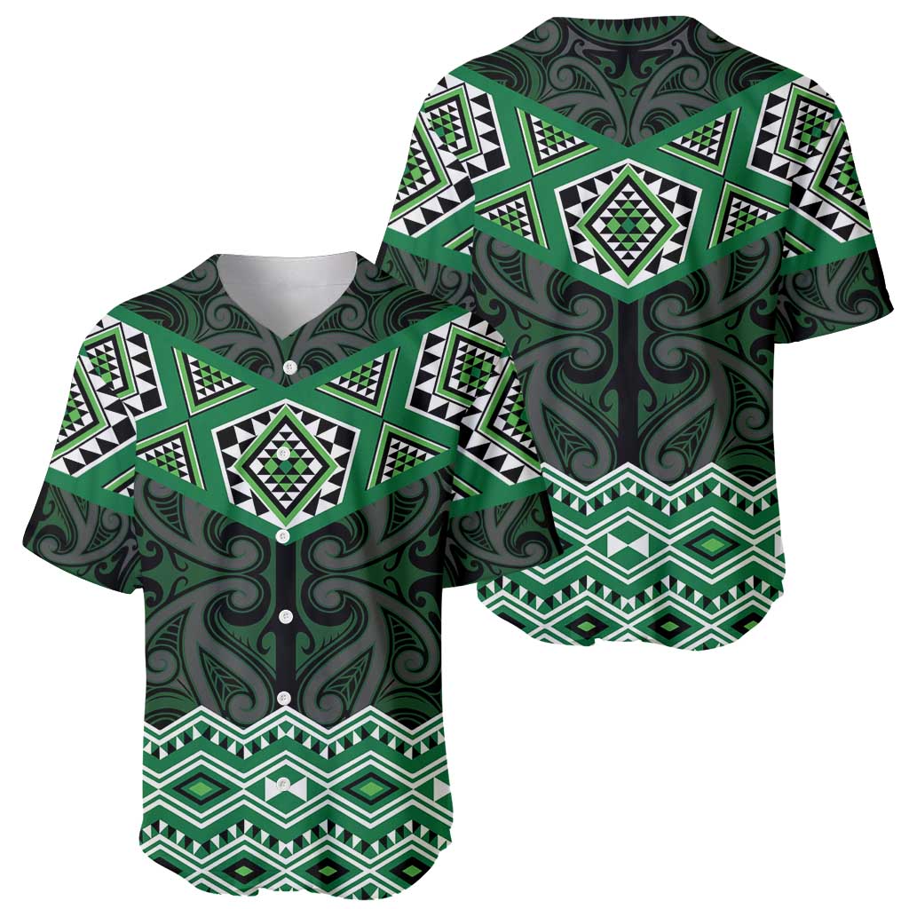 New Zealand Aotearoa Baseball Jersey Green Taniko Art Maori Pattern
