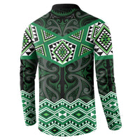 New Zealand Aotearoa Button Sweatshirt Green Taniko Art Maori Pattern