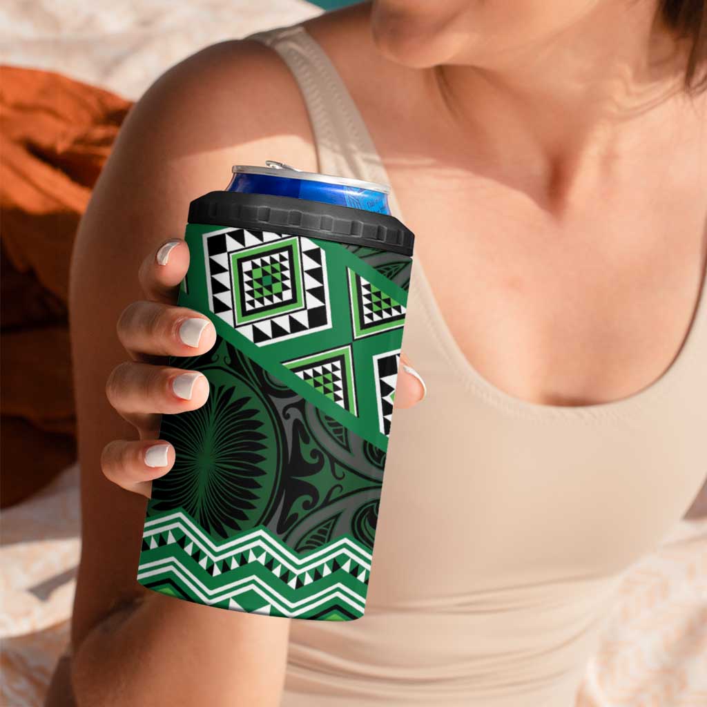 New Zealand Aotearoa 4 in 1 Can Cooler Tumbler Green Taniko Art Maori Pattern