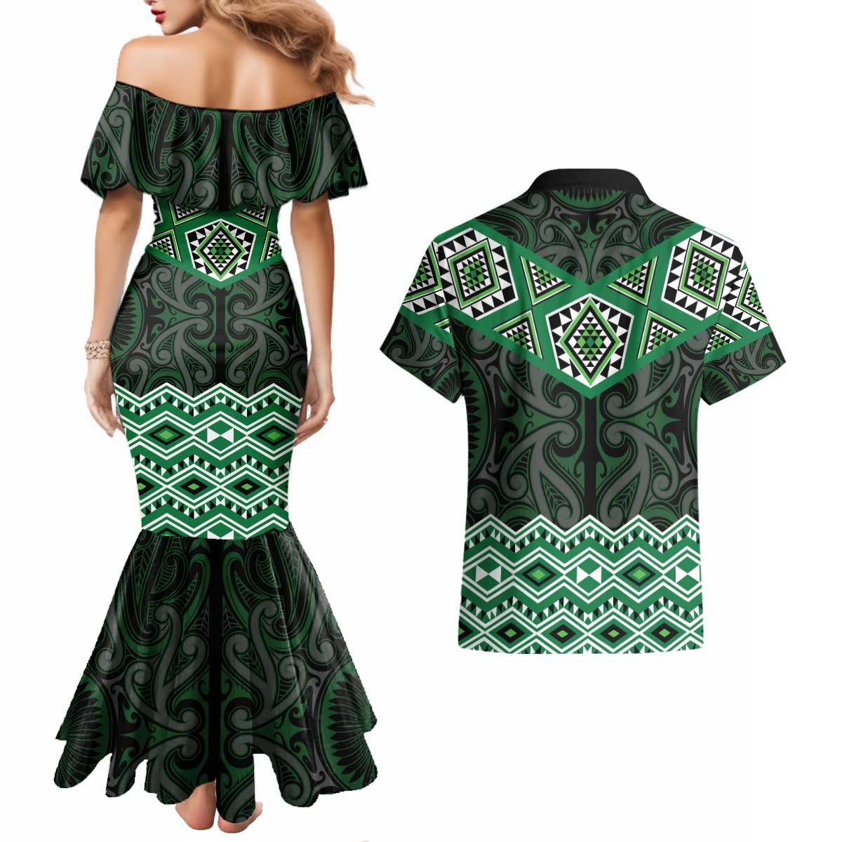 New Zealand Aotearoa Couples Matching Mermaid Dress and Hawaiian Shirt Green Taniko Art Maori Pattern