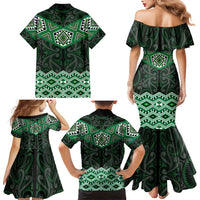 New Zealand Aotearoa Family Matching Mermaid Dress and Hawaiian Shirt Green Taniko Art Maori Pattern