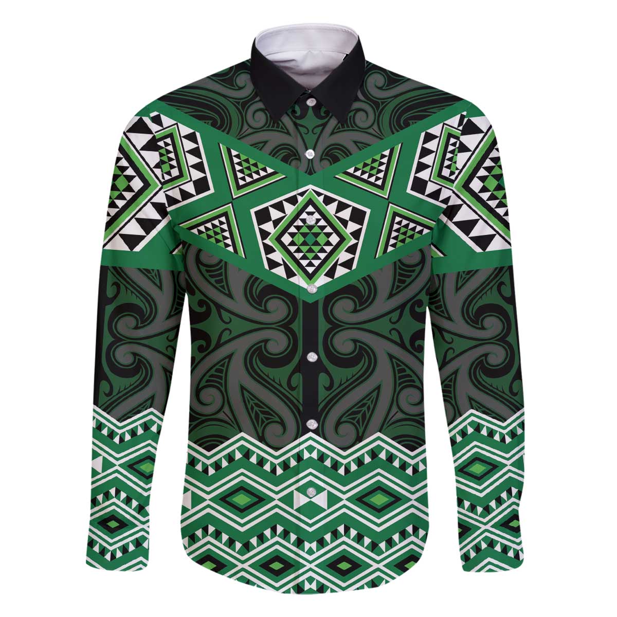 New Zealand Aotearoa Family Matching Off The Shoulder Long Sleeve Dress and Hawaiian Shirt Green Taniko Art Maori Pattern