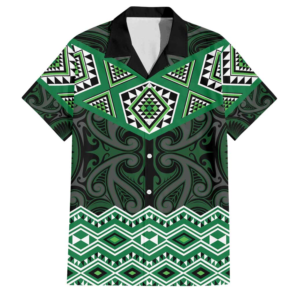 New Zealand Aotearoa Family Matching Off Shoulder Maxi Dress and Hawaiian Shirt Green Taniko Art Maori Pattern