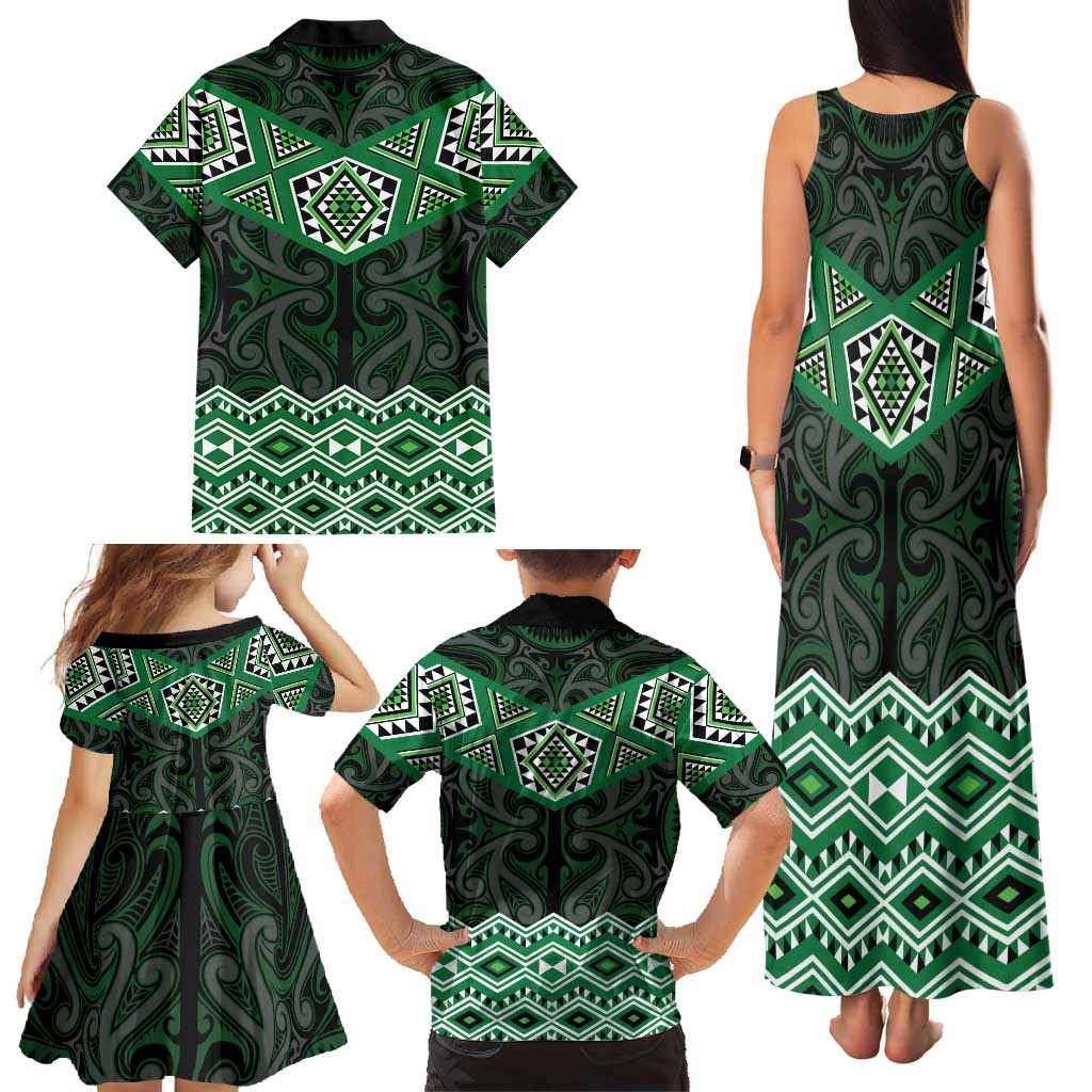 New Zealand Aotearoa Family Matching Tank Maxi Dress and Hawaiian Shirt Green Taniko Art Maori Pattern