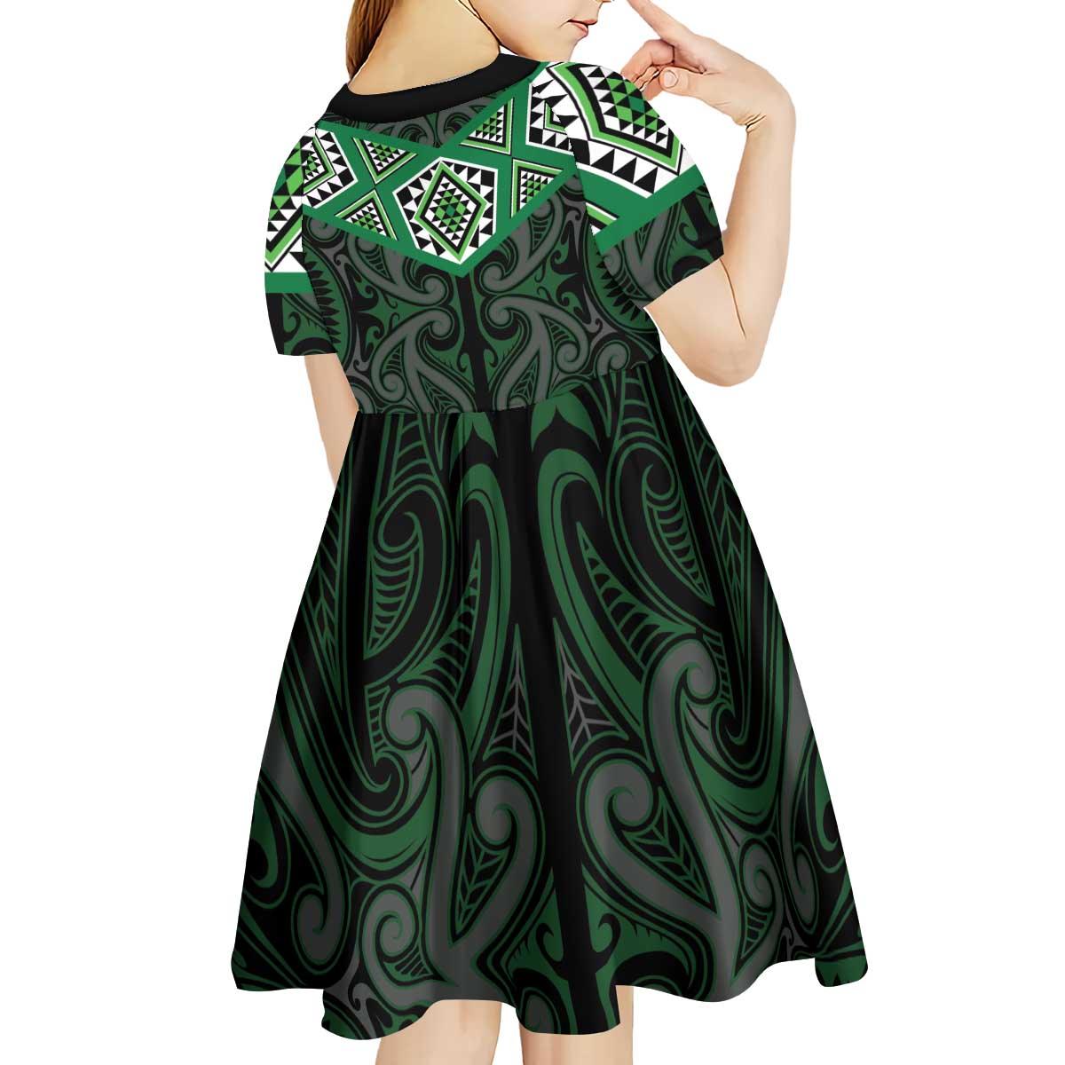 New Zealand Aotearoa Kid Short Sleeve Dress Green Taniko Art Maori Pattern