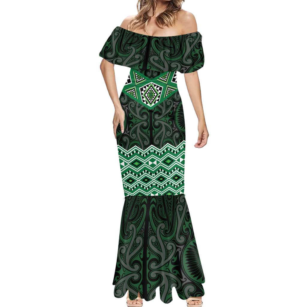 New Zealand Aotearoa Mermaid Dress Green Taniko Art Maori Pattern