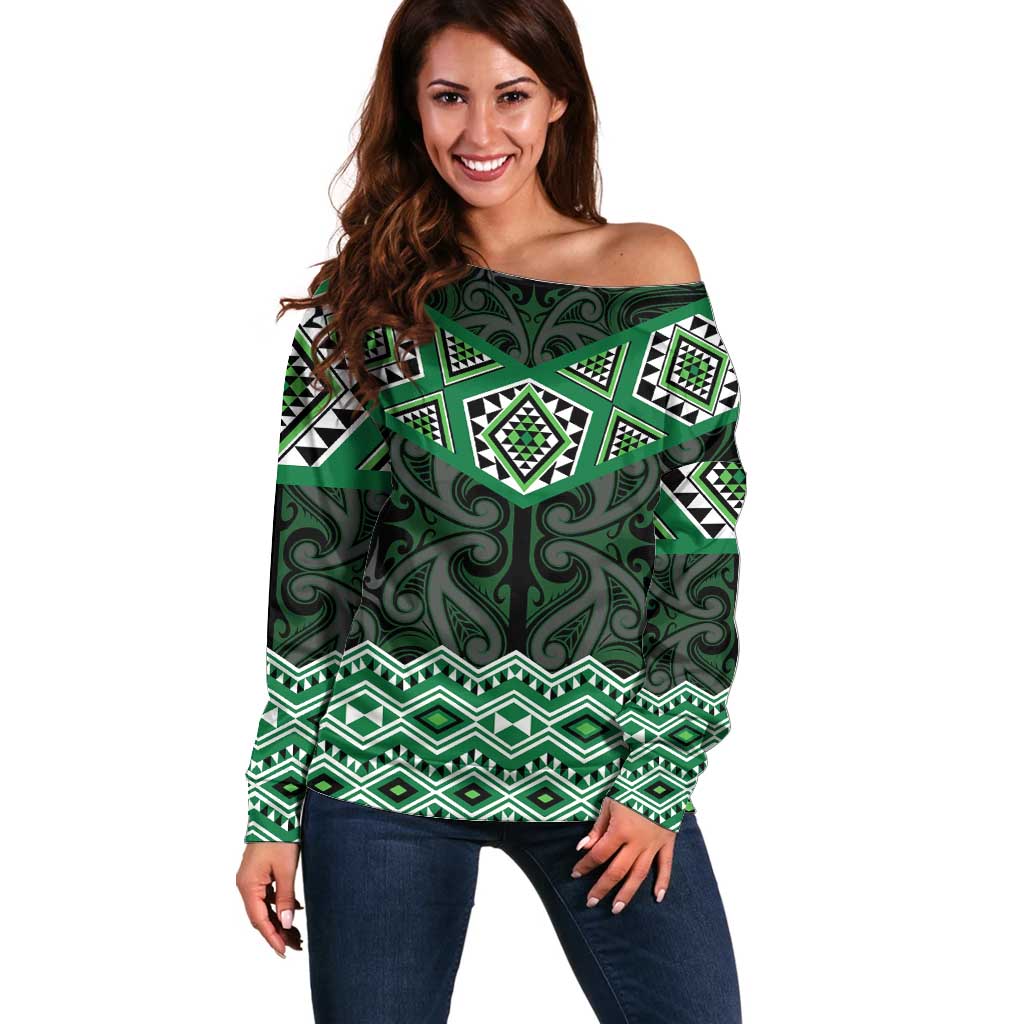 New Zealand Aotearoa Off Shoulder Sweater Green Taniko Art Maori Pattern LT05 Women Green - Polynesian Pride