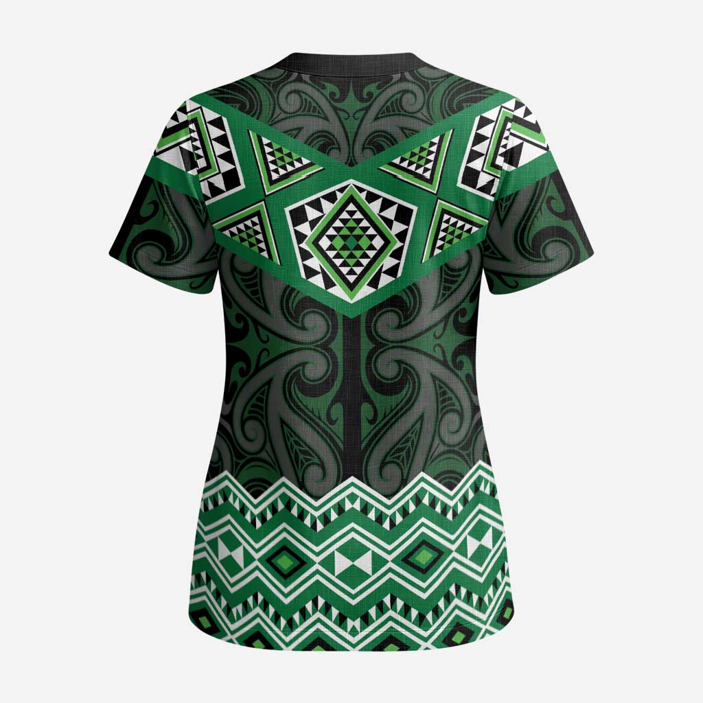 New Zealand Aotearoa Scrub Top Green Taniko Art Maori Pattern - Polynesian Pride