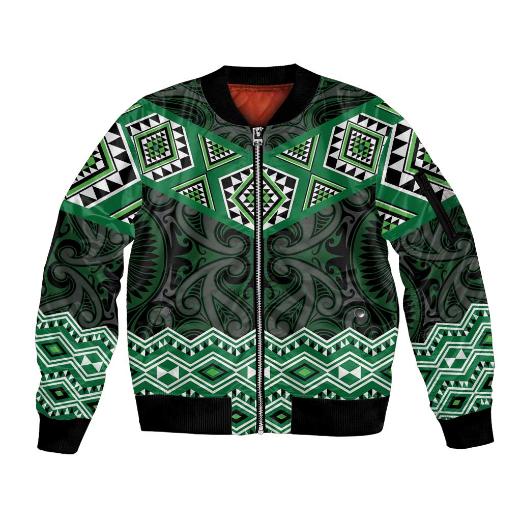 New Zealand Aotearoa Sleeve Zip Bomber Jacket Green Taniko Art Maori Pattern LT05 Unisex Green - Polynesian Pride