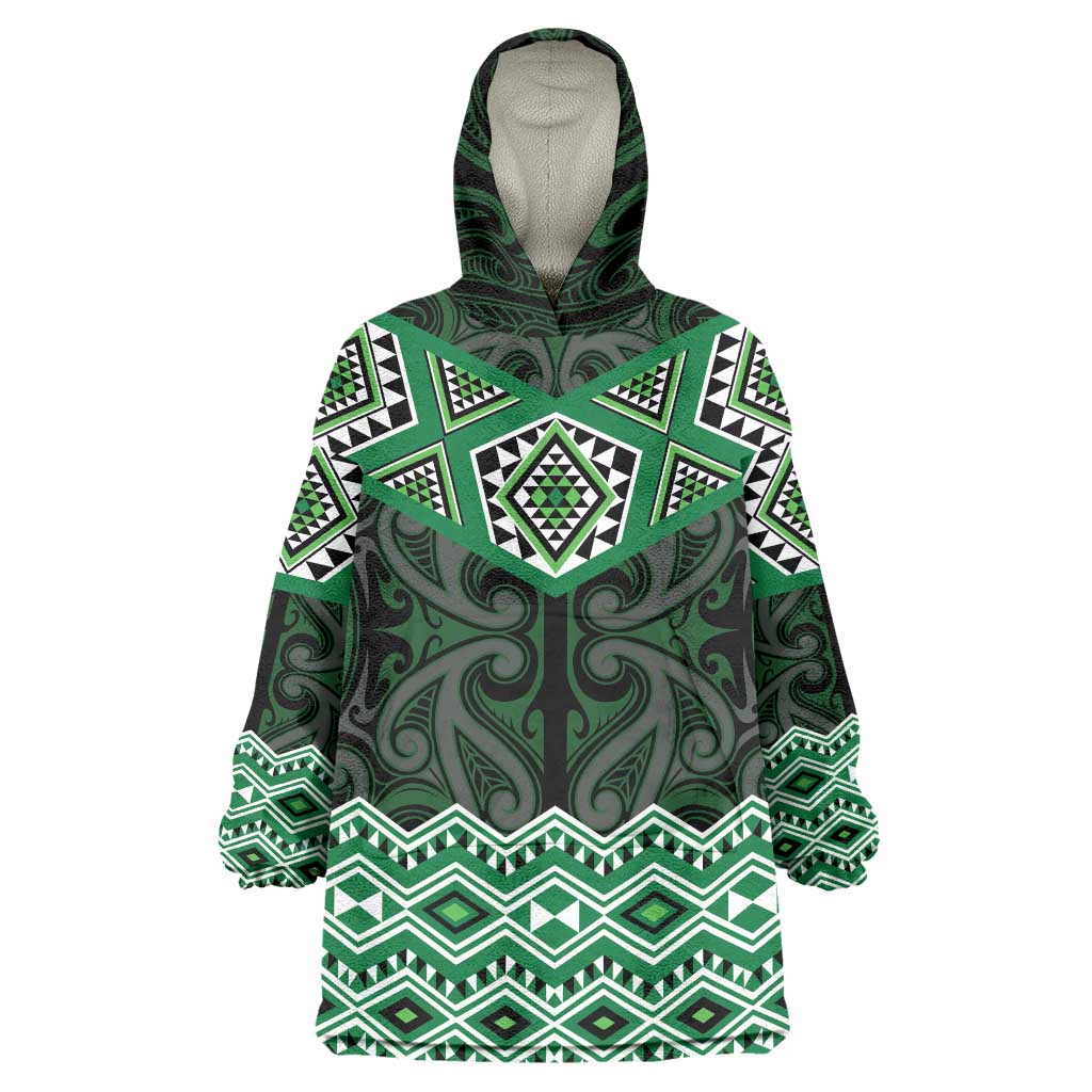 New Zealand Aotearoa Wearable Blanket Hoodie Green Taniko Art Maori Pattern LT05 One Size Green - Polynesian Pride