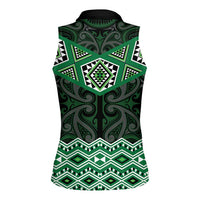 New Zealand Aotearoa Women Sleeveless Polo Shirt Green Taniko Art Maori Pattern