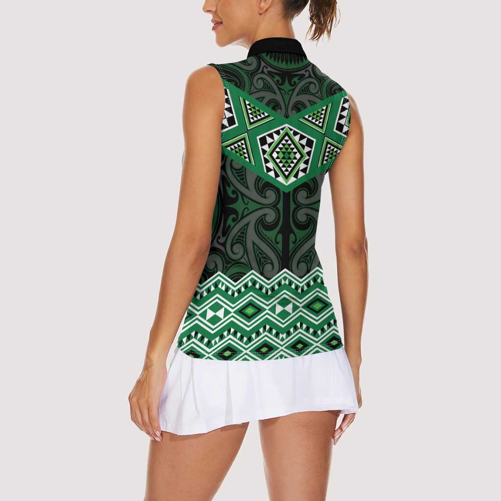 New Zealand Aotearoa Women Sleeveless Polo Shirt Green Taniko Art Maori Pattern