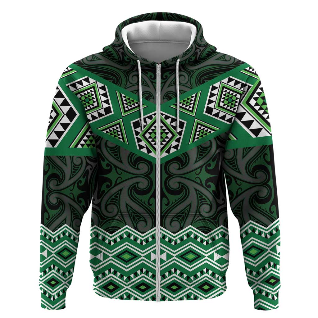 New Zealand Aotearoa Zip Hoodie Green Taniko Art Maori Pattern LT05 Zip Hoodie Green - Polynesian Pride