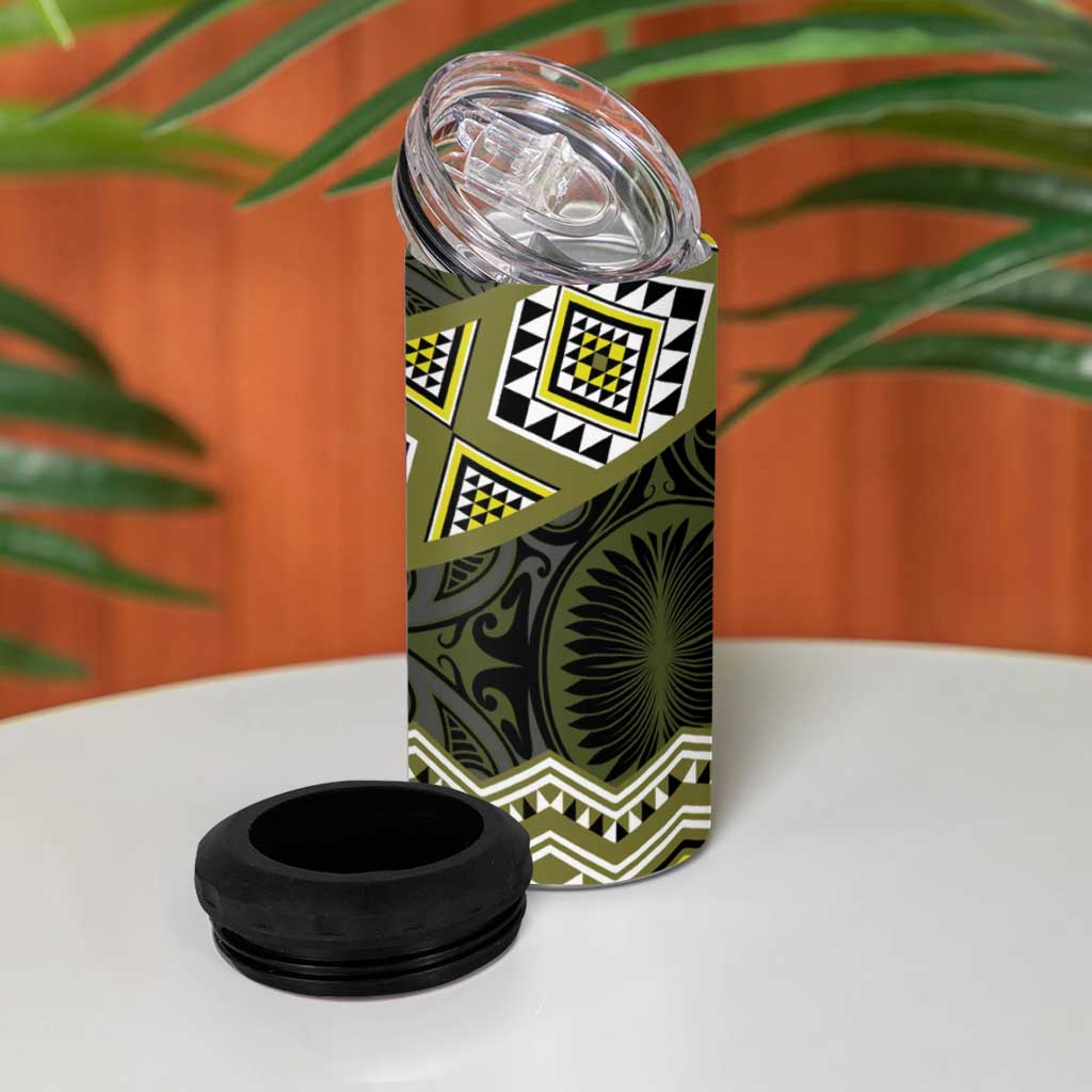 New Zealand Aotearoa 4 in 1 Can Cooler Tumbler Yellow Taniko Art Maori Pattern