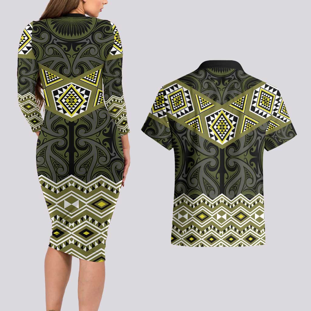 New Zealand Aotearoa Couples Matching Long Sleeve Bodycon Dress and Hawaiian Shirt Yellow Taniko Art Maori Pattern