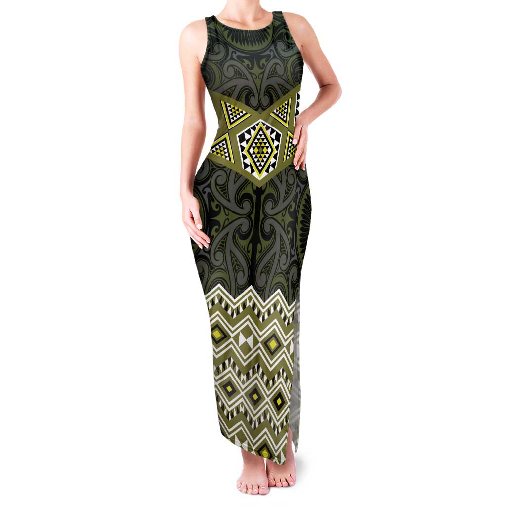 New Zealand Aotearoa Family Matching Tank Maxi Dress and Hawaiian Shirt Yellow Taniko Art Maori Pattern