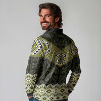 New Zealand Aotearoa Long Sleeve Polo Shirt Yellow Taniko Art Maori Pattern