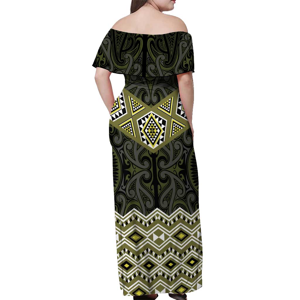 New Zealand Aotearoa Off Shoulder Maxi Dress Yellow Taniko Art Maori Pattern