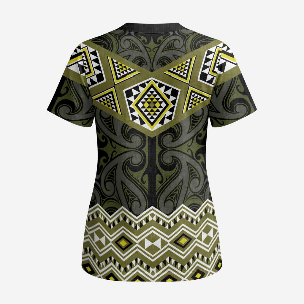 New Zealand Aotearoa Scrub Top Yellow Taniko Art Maori Pattern - Polynesian Pride