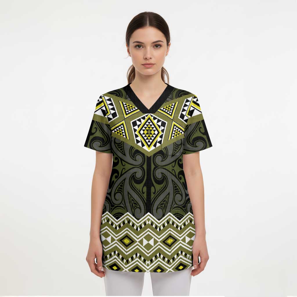 New Zealand Aotearoa Scrub Top Yellow Taniko Art Maori Pattern - Polynesian Pride
