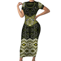 New Zealand Aotearoa Short Sleeve Bodycon Dress Yellow Taniko Art Maori Pattern