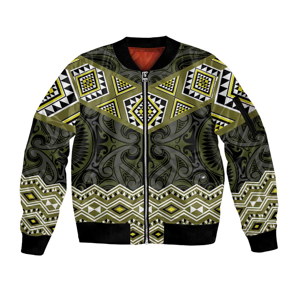 New Zealand Aotearoa Sleeve Zip Bomber Jacket Yellow Taniko Art Maori Pattern LT05 Unisex Yellow - Polynesian Pride