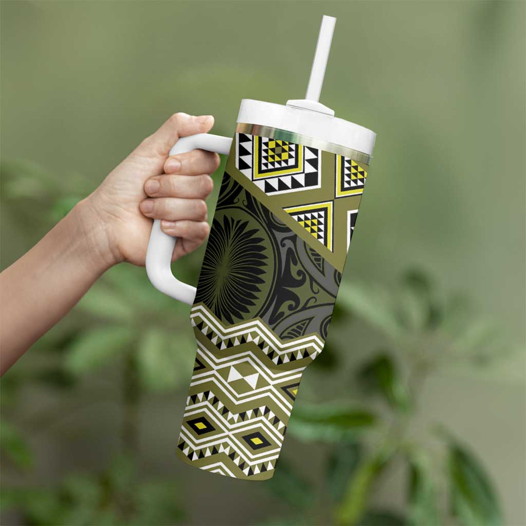 New Zealand Aotearoa Tumbler With Handle Yellow Taniko Art Maori Pattern
