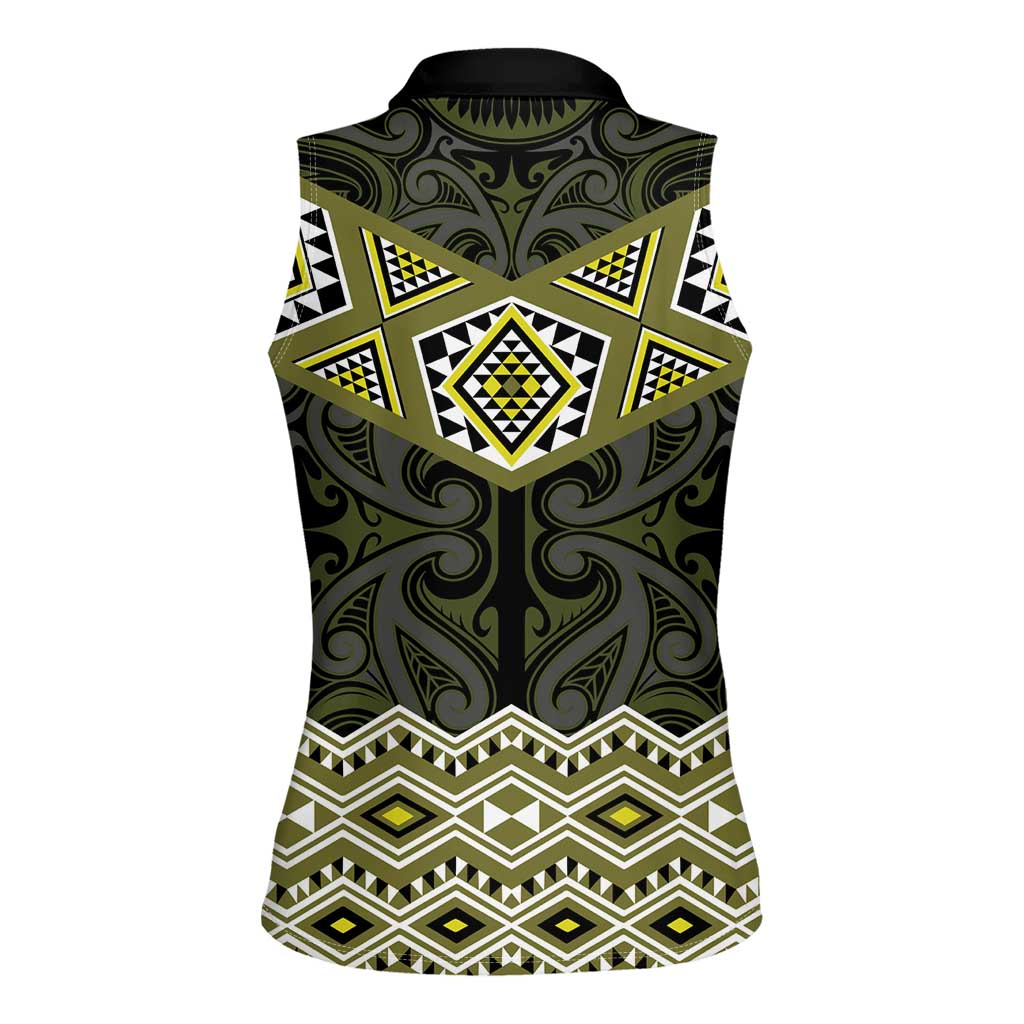New Zealand Aotearoa Women Sleeveless Polo Shirt Yellow Taniko Art Maori Pattern