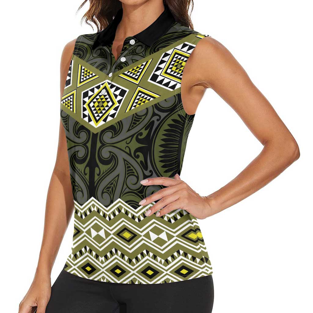 New Zealand Aotearoa Women Sleeveless Polo Shirt Yellow Taniko Art Maori Pattern