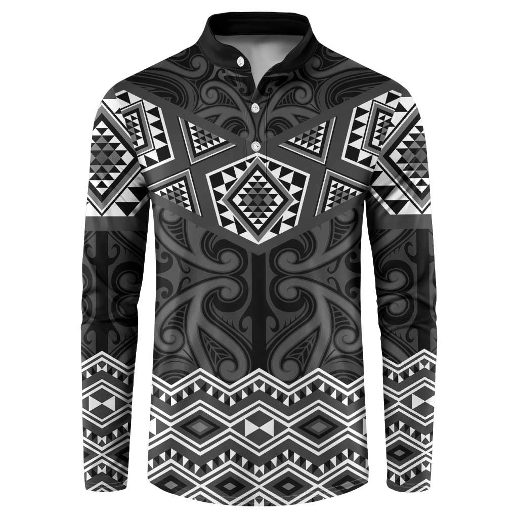 New Zealand Aotearoa Button Sweatshirt Black Taniko Art Maori Pattern
