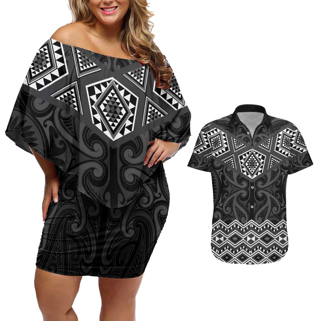 New Zealand Aotearoa Couples Matching Off Shoulder Short Dress and Hawaiian Shirt Black Taniko Art Maori Pattern LT05 Black - Polynesian Pride