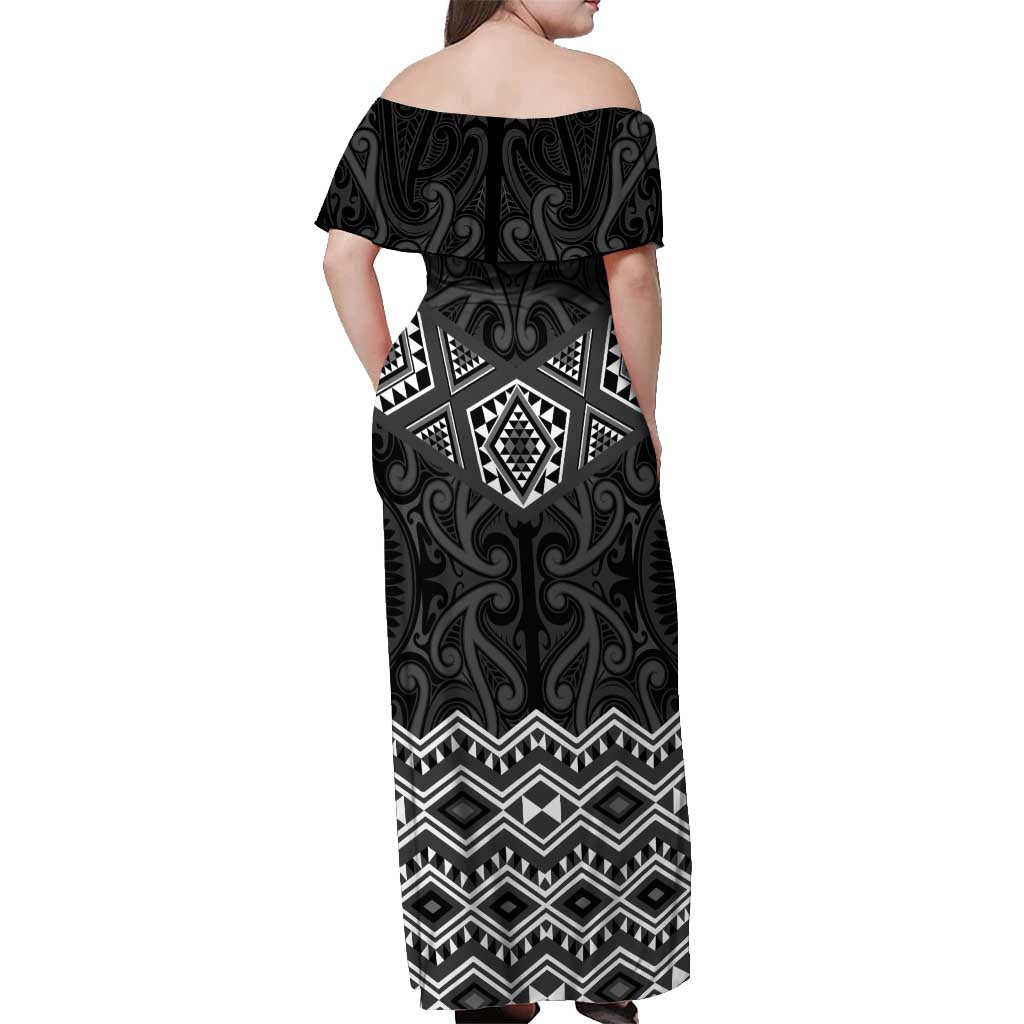 New Zealand Aotearoa Off Shoulder Maxi Dress Black Taniko Art Maori Pattern