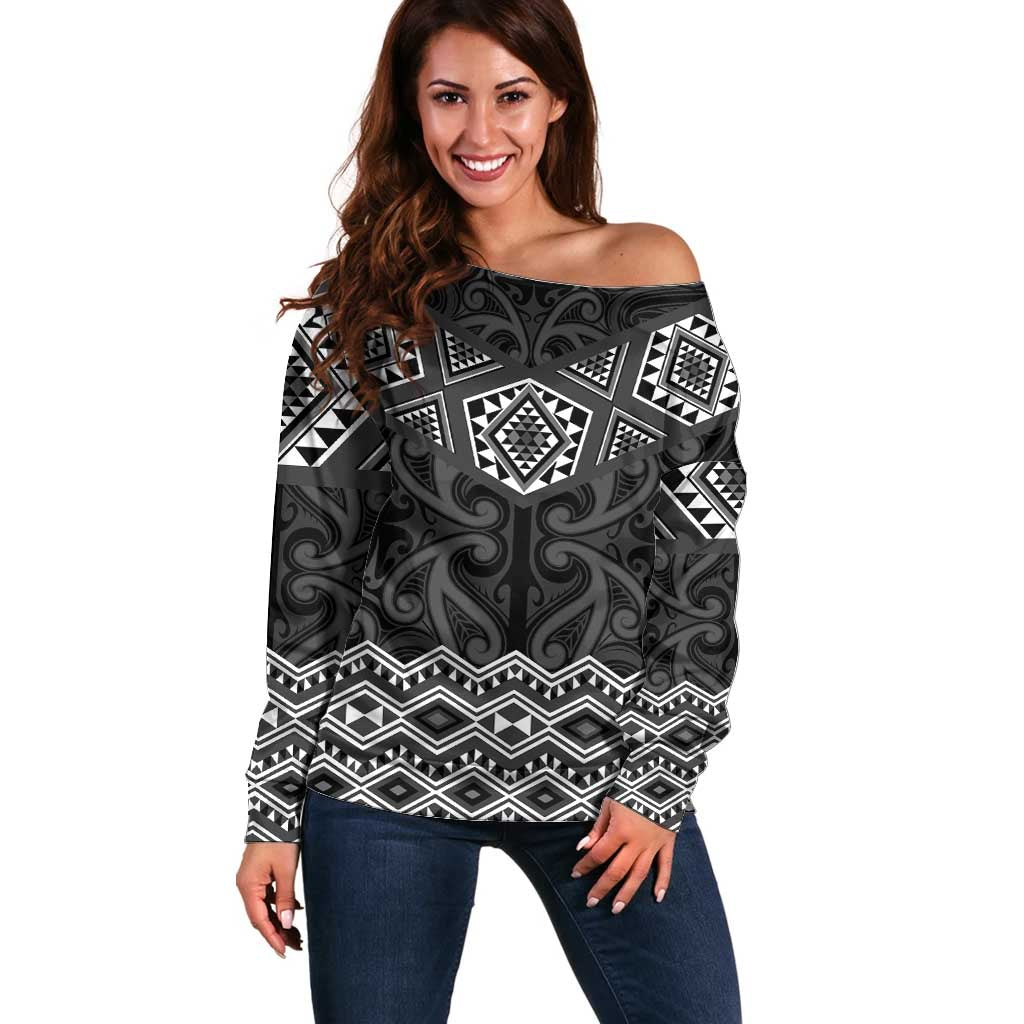 New Zealand Aotearoa Off Shoulder Sweater Black Taniko Art Maori Pattern LT05 Women Black - Polynesian Pride