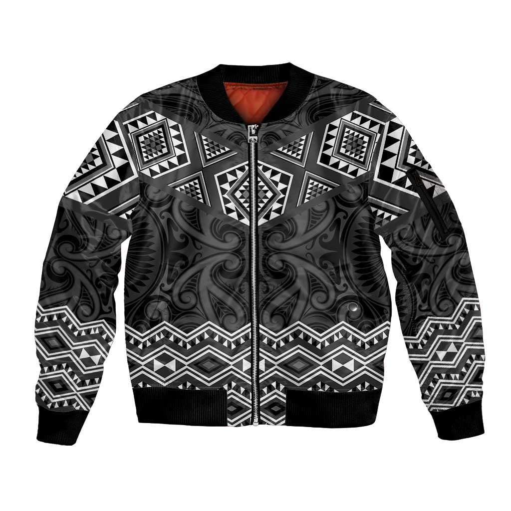 New Zealand Aotearoa Sleeve Zip Bomber Jacket Black Taniko Art Maori Pattern LT05 Unisex Black - Polynesian Pride