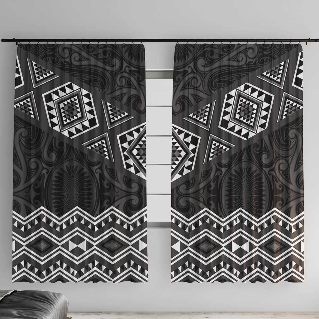 New Zealand Aotearoa Window Curtain Black Taniko Art Maori Pattern LT05 With Hooks Black - Polynesian Pride